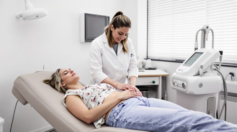 Séance de cryolipolyse avec applicateur posé sur la zone abdominale